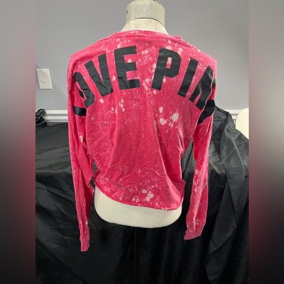 VS Love Pink Bleach Dyed Cut Out Crop Long Sleeve Pink Cotton Top Small Dog Logo - Picture 3 of 8